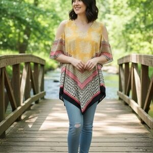 Women's Yellow and Pink Cold Shoulder Top